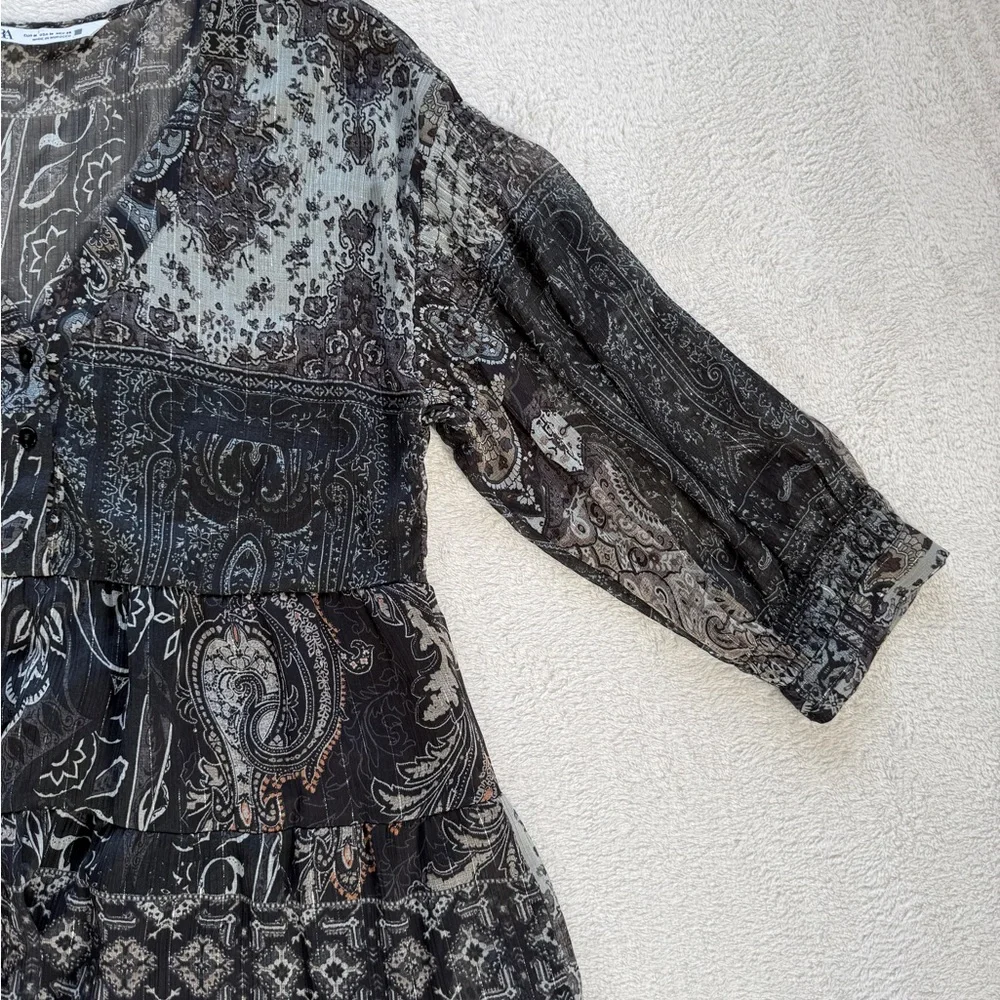 ZARA Boho Paisley Tiered Mini Dress Size M Sheer Long Sleeve Babydoll Tunic - Picture 7 of 16